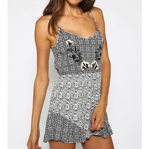 Black + White Boho Print Embroidered Romper